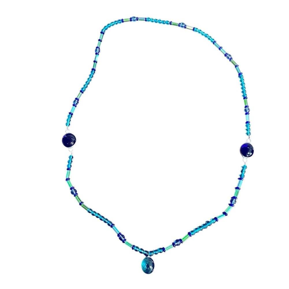 Blue Green Glass Statement Necklace Beaded Beads Long Beach Summer Jewelry